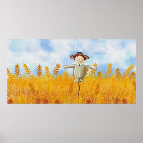 Cute Watercolor Scarecrow with Farm Landscape Poster