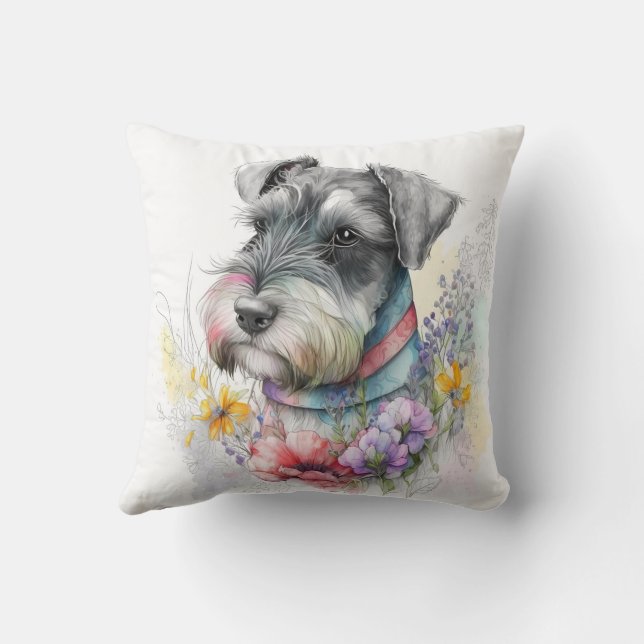 Cute Watercolor Schnauzer Puppy Dog Throw Pillow (Back)
