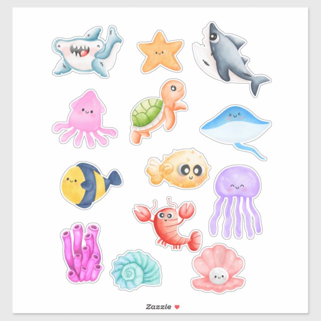 Cute Watercolor Sea Creatures Puffer Fish Shark  Sticker (Sheet)