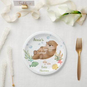 Cute Watercolor Sea Otter Mother & Baby Paper Plates