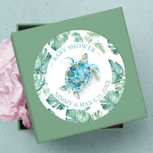 Cute Watercolor Sea Turtle & Greenery Favor Classic Round Sticker