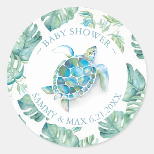 Cute Watercolor Sea Turtle  Greenery Favor Classic Round Sticker