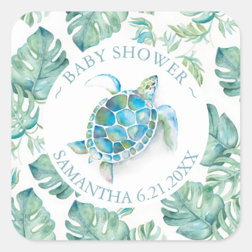 Cute Watercolor Sea Turtle  Greenery Favor Square Sticker