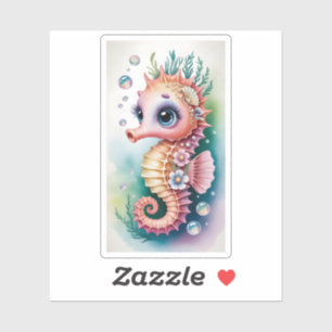 Cute Watercolor Seahorse Big Eyes Sea Coral Bubble Sticker
