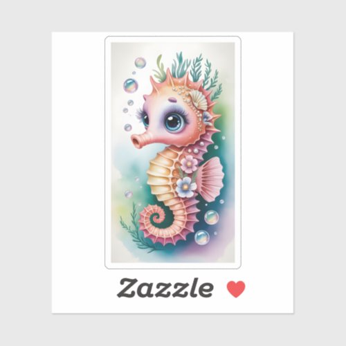 Cute Watercolor Seahorse Big Eyes Sea Coral Bubble Sticker