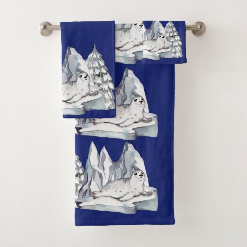 Cute Watercolor Seal Pine Trees Snowflakes Blue Bath Towel Set