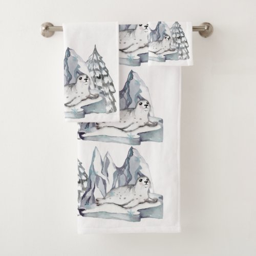 Cute Watercolor Seal Pine Trees Snowflakes White Bath Towel Set