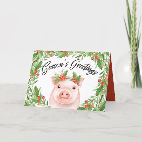 Cute Watercolor Seasons Greetings Pig and Berries Holiday Card