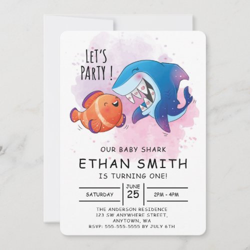 Cute Watercolor Shark Birthday Invitation