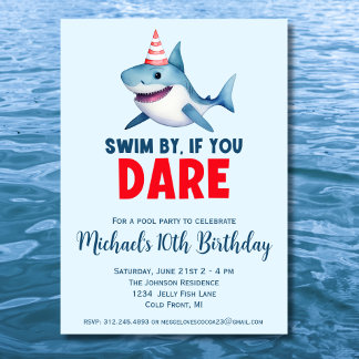 Cute Watercolor Shark Pool Party Birthday Invitation