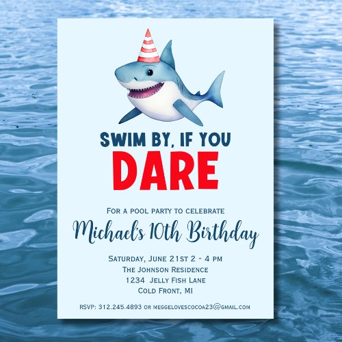 Cute Watercolor Shark Pool Party Birthday Invitation