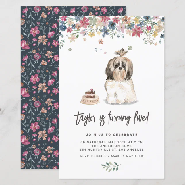 Cute Watercolor Shih Tzu Dog Birthday Invitation | Zazzle