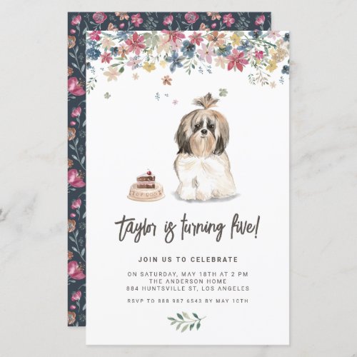 Cute Watercolor Shih Tzu Dog Birthday Invitation