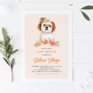 Cute Watercolor Shih Tzu Peach Floral Baby Shower Invitation