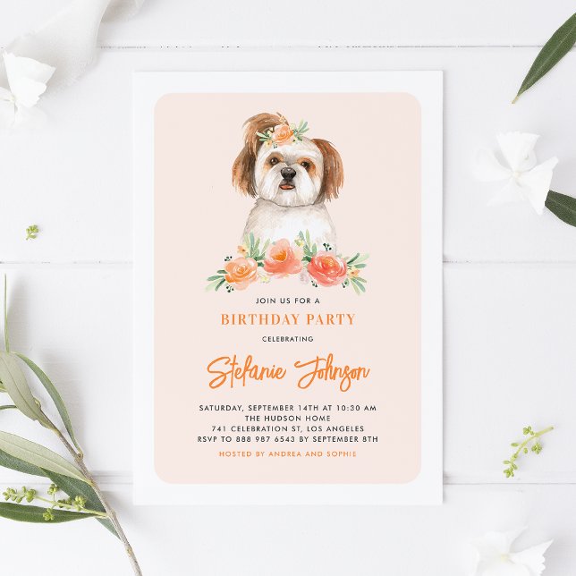 Cute Watercolor Shih Tzu Peach Floral Birthday Invitation (Creator Uploaded)