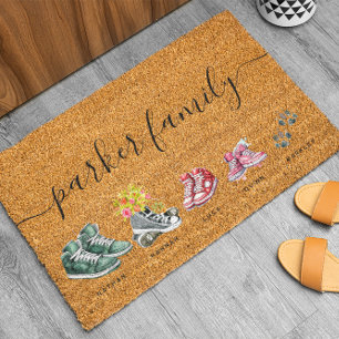Cute Watercolor Shoes & Paws   Family Monogram Fiber Doormat