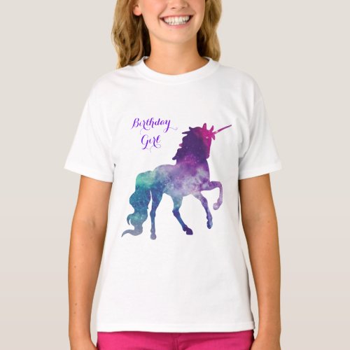 Cute Watercolor Silhouette Birthday Girl Unicorn T_Shirt