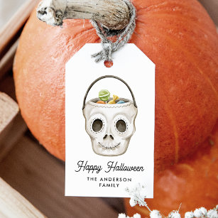 Cute Watercolor Skull Treat Bucket Halloween Gift Tags