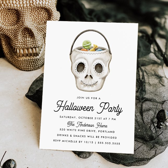 Cute Watercolor Skull Treat Bucket Halloween Party Invitation (Creator Uploaded)