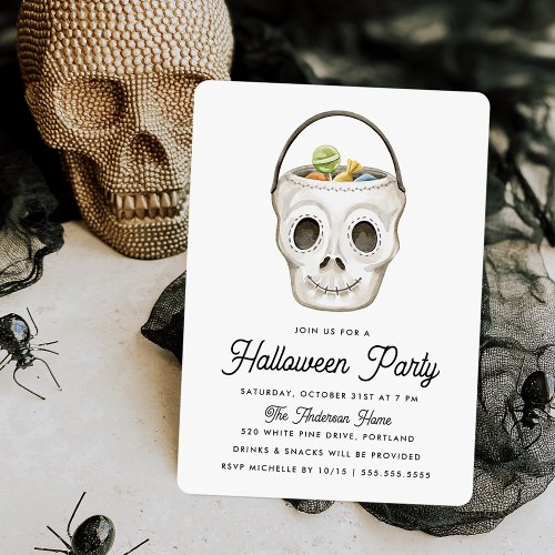 Cute Watercolor Skull Treat Bucket Halloween Party Invitation