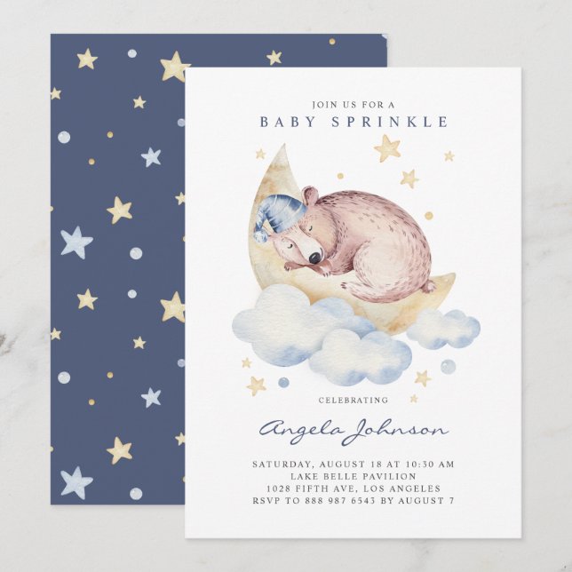 Cute Watercolor Sleeping Baby Bear Baby Sprinkle Invitation (Front/Back)