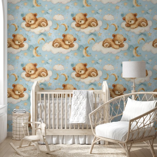 Cute Watercolor Sleeping Baby Bear Nursery Wallpaper (Kids)