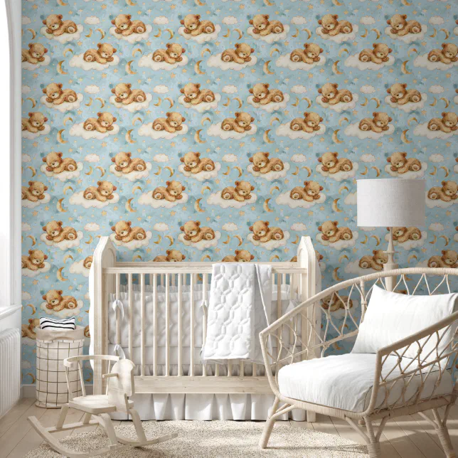 Cute Watercolor Sleeping Baby Bear Nursery Wallpaper | Zazzle