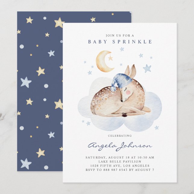 Cute Watercolor Sleeping Baby Deer Baby Sprinkle Invitation (Front/Back)
