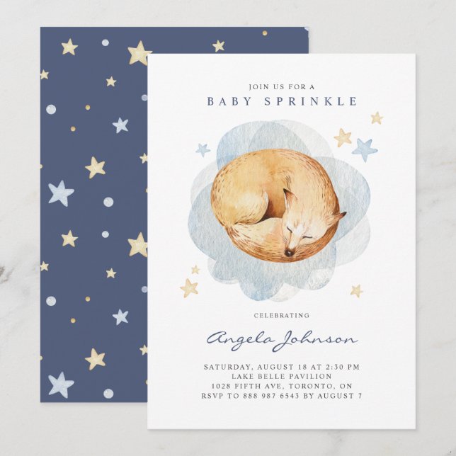 Cute Watercolor Sleeping Baby Fox Baby Sprinkle Invitation (Front/Back)
