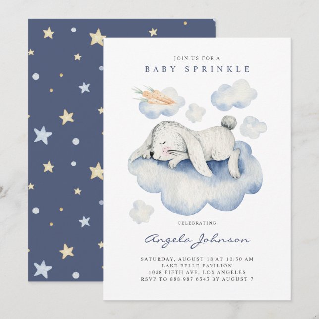 Cute Watercolor Sleeping Baby Rabbit Baby Sprinkle Invitation (Front/Back)