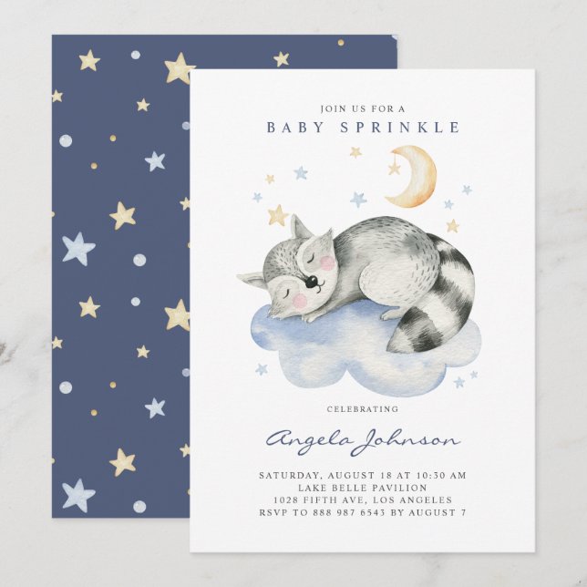 Cute Watercolor Sleeping Raccoon Baby Brunch Invitation (Front/Back)