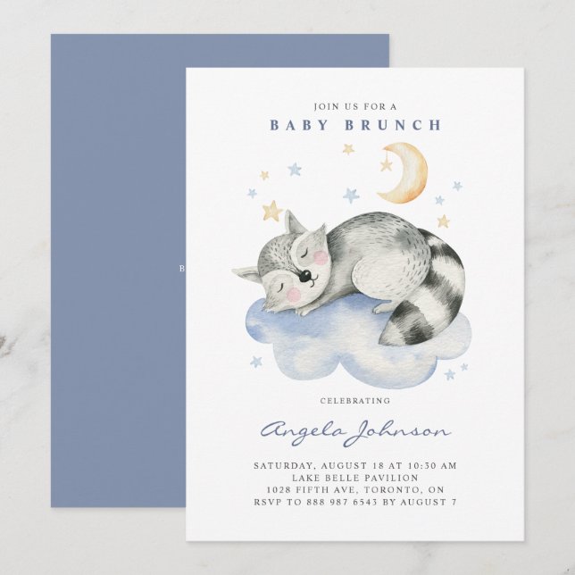 Cute Watercolor Sleeping Raccoon Baby Brunch Invitation (Front/Back)