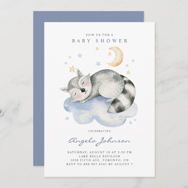 Cute Watercolor Sleeping Raccoon Baby Shower Invitation (Front/Back)