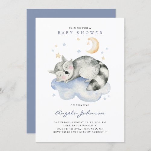 Cute Watercolor Sleeping Raccoon Baby Shower Invitation