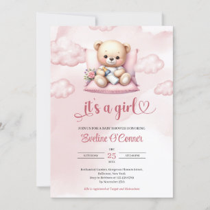 Cute watercolor sleeping teddy bear it's a girl invitation