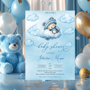 Cute watercolor sleeping teddy bear over the cloud invitation
