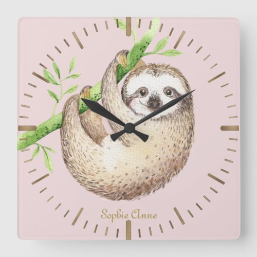 Cute Watercolor Sloth Gold Roman Monogram Square Wall Clock