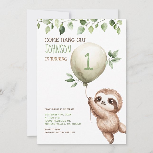 Cute Watercolor Sloth Kids Birthday Party  Invitation (Front)