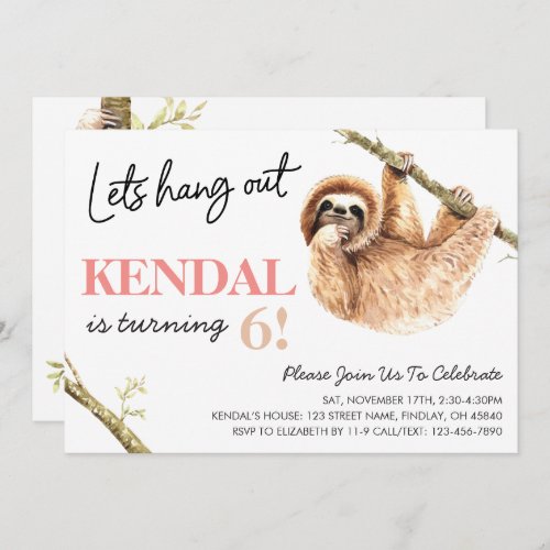 Cute Watercolor Sloth Lets Hang Out Birthday Invitation