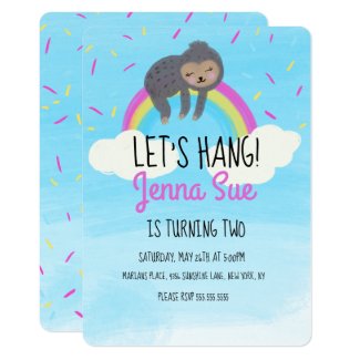 Cute Watercolor Sloth Rainbow Birthday Party Invitation