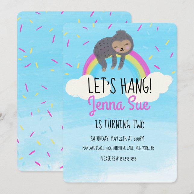 Cute Watercolor Sloth Rainbow Birthday Party Invitation (Front/Back)