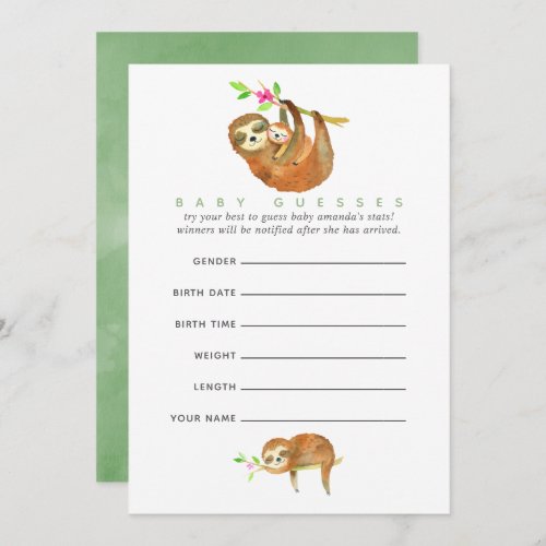 Cute Watercolor Sloth themed Baby Shower Guesses Invitation