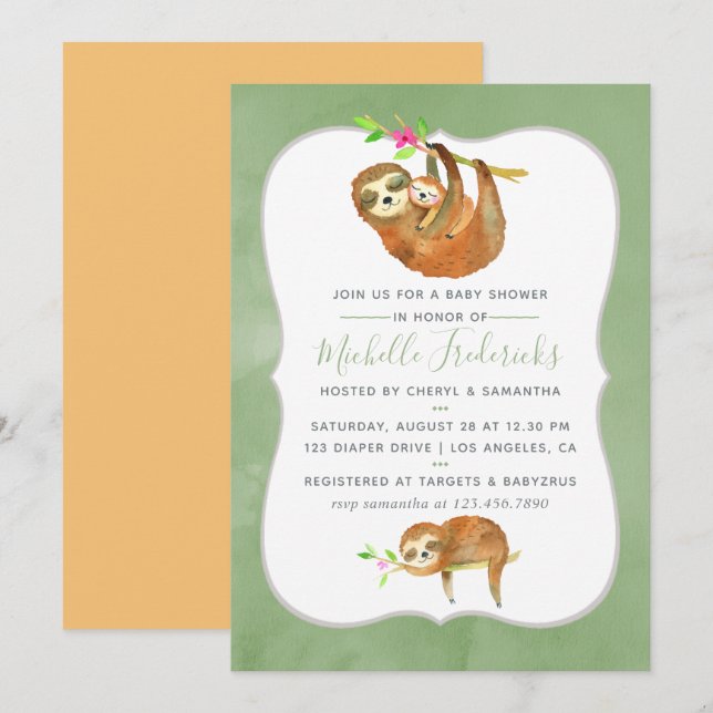 Cute Watercolor Sloth themed Baby Shower Invite (Front/Back)