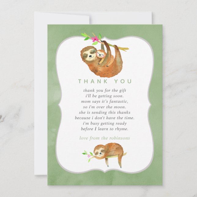 Cute Watercolor Sloth themed Baby Shower Thank You Card (Front)