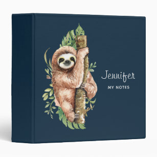 Cute Watercolor Sloth & Tropical Leaves 3 Ring Binder
