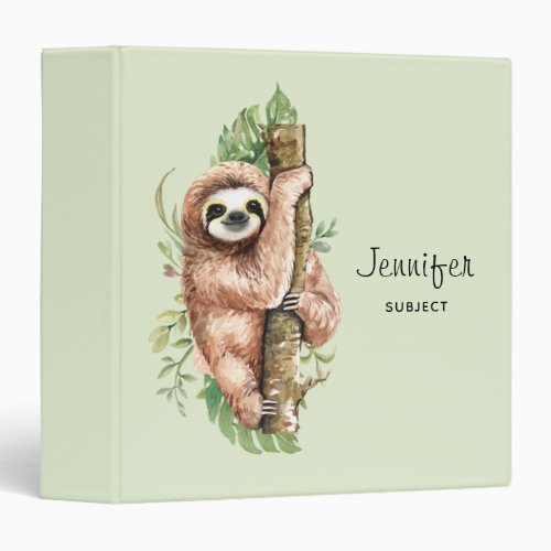 Cute Watercolor Sloth  Tropical Leaves 3 Ring Binder