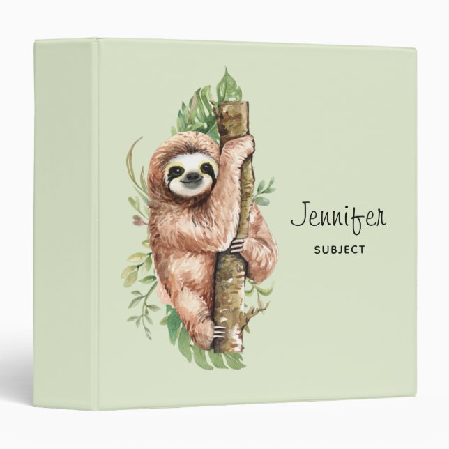 Cute Watercolor Sloth & Tropical Leaves 3 Ring Binder (Front/Spine)