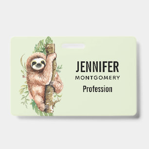 Cute Watercolor Sloth & Tropical Leaves Badge