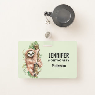 Cute Watercolor Sloth & Tropical Leaves Badge