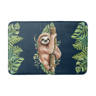 Cute Watercolor Sloth & Tropical Leaves Bath Mat